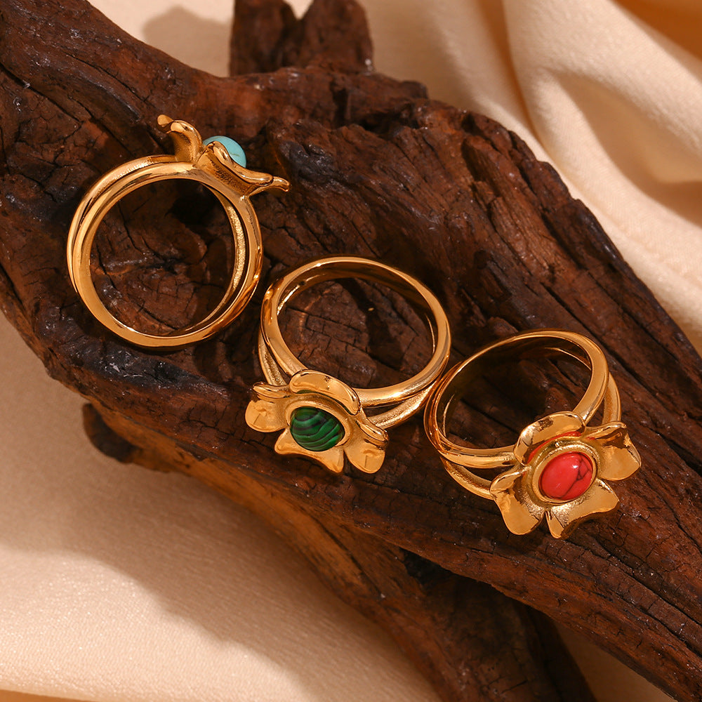 Anillo de Acero Inoxidable Chapado en Oro de 18K con Forma de Flor de Cuatro Pétalos Estilo Vintage para Mujer