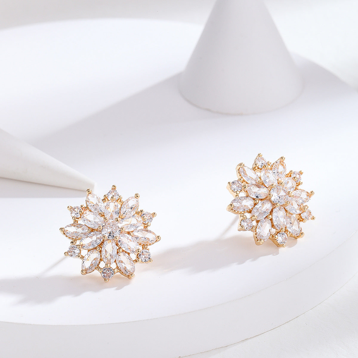 Minimalist Snowflake Earrings for Women with Zircon Inlay in Geometric Star and Diamond Shapes, Copper Base with Stainless Steel Posts