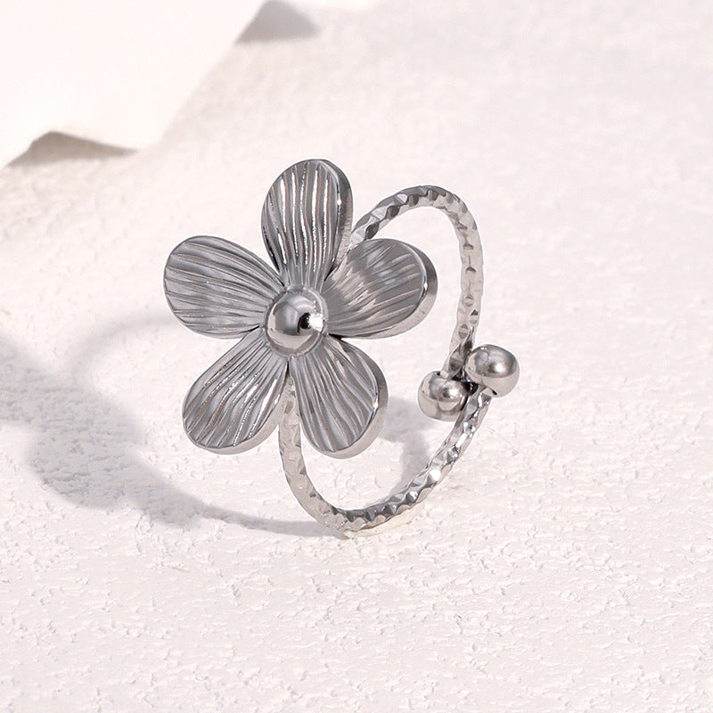 Anello Aperto da Donna Minimalista in Stile Francese con Fiori in Acciaio Inox Placcato Oro 18K
