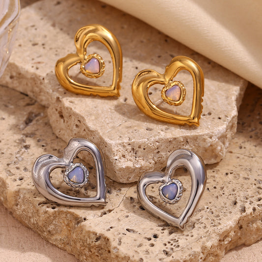 Dulces pendientes de acero inoxidable con diseño de corazón calado de doble capa, chapado en oro de 18 quilates y detalles de piedras naturales
