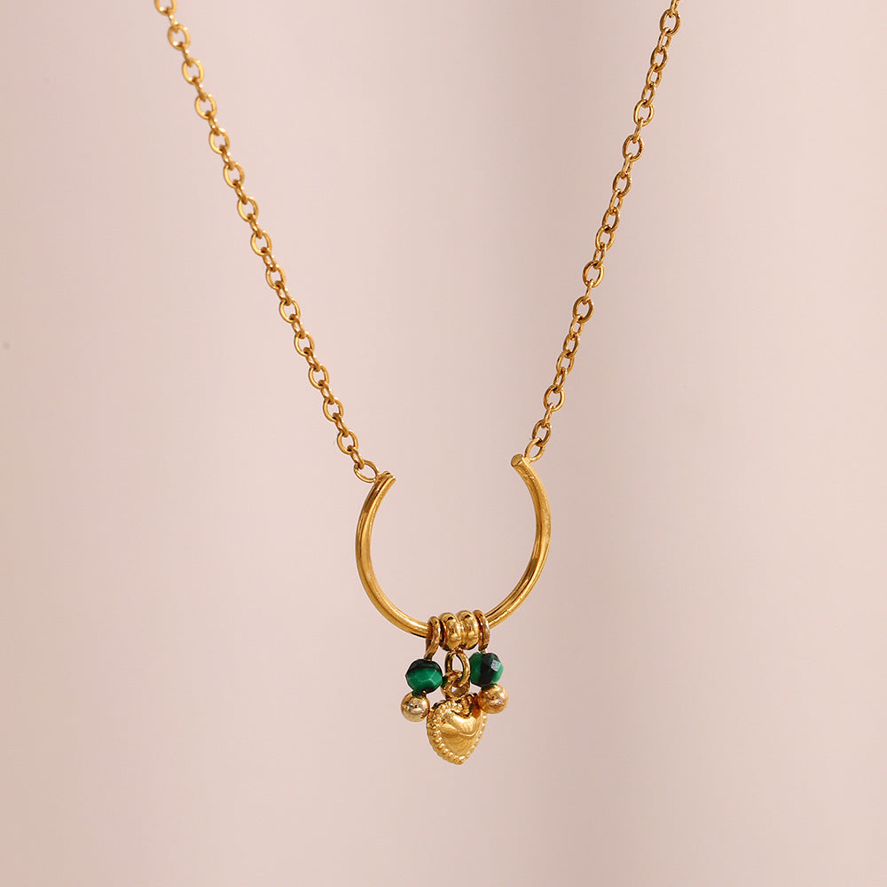 Fashionable Minimalist Geometric Round Ring and Heart Pendant Necklace in Stainless Steel with 18K Gold Plating for Women