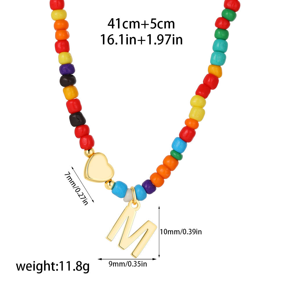 Collana Unisex Casual Placcata Oro 14K con Ciondolo a Cuore Lettera e Perline in Acciaio Inossidabile