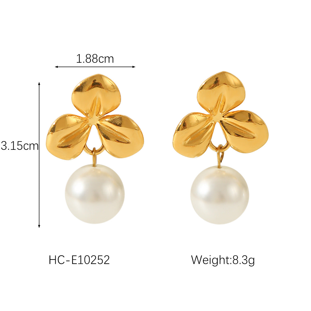 Vintage French Style 18K Gold Plated Stainless Steel Flower Pearl Stud Earrings for Women