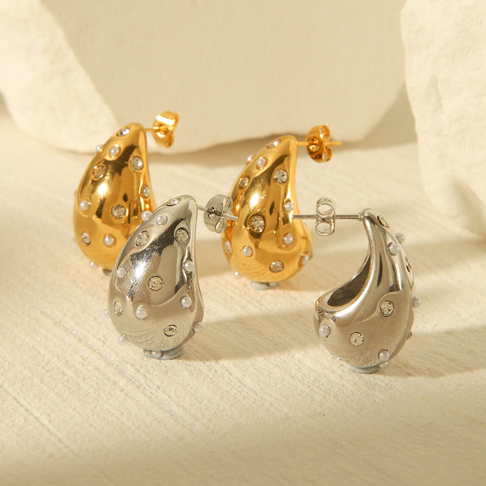 Orecchini da donna minimalisti in acciaio inossidabile a forma di goccia d'acqua con intarsio di strass e perle, finitura placcata