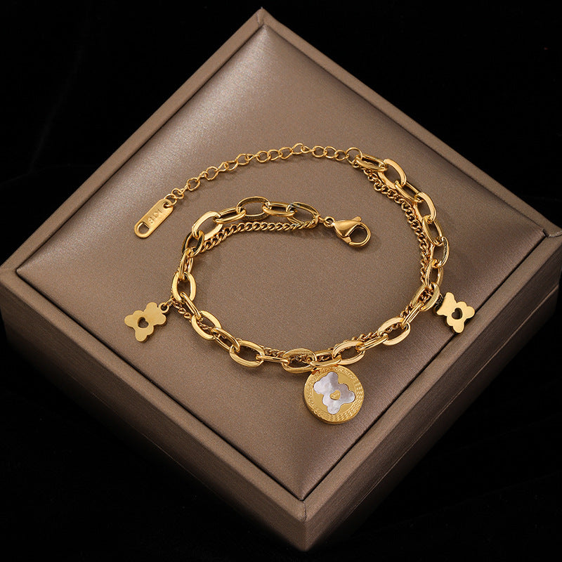 Cute Bear and Heart-Shaped Titanium Steel Bracelet with Gold Plating for Women, Minimalist Double-Layer Design