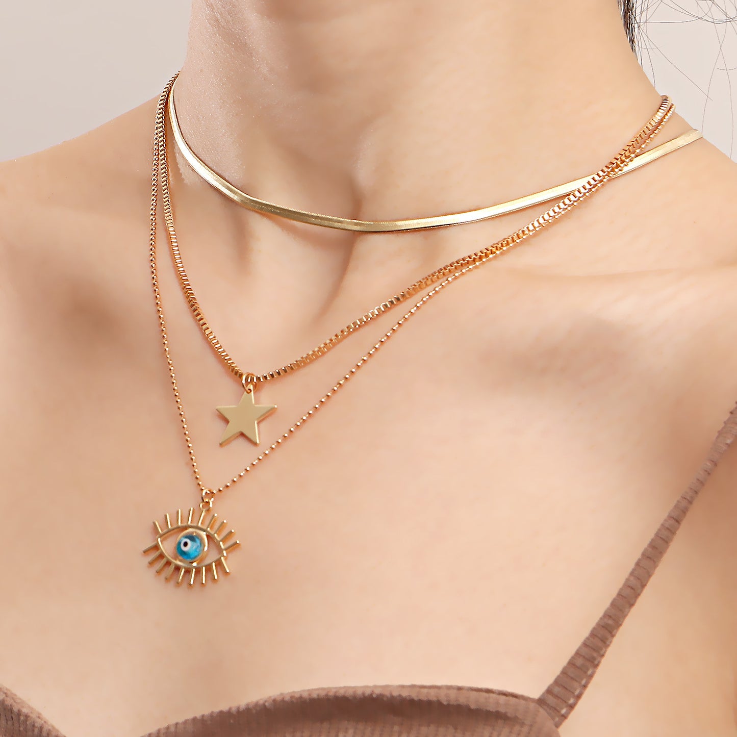 Geometric Five-Pointed Blue Star Evil Eye Pendant Necklace for Women with Alloy Construction and Electroplated Finish on Multi-Layer Flat Snake Chain