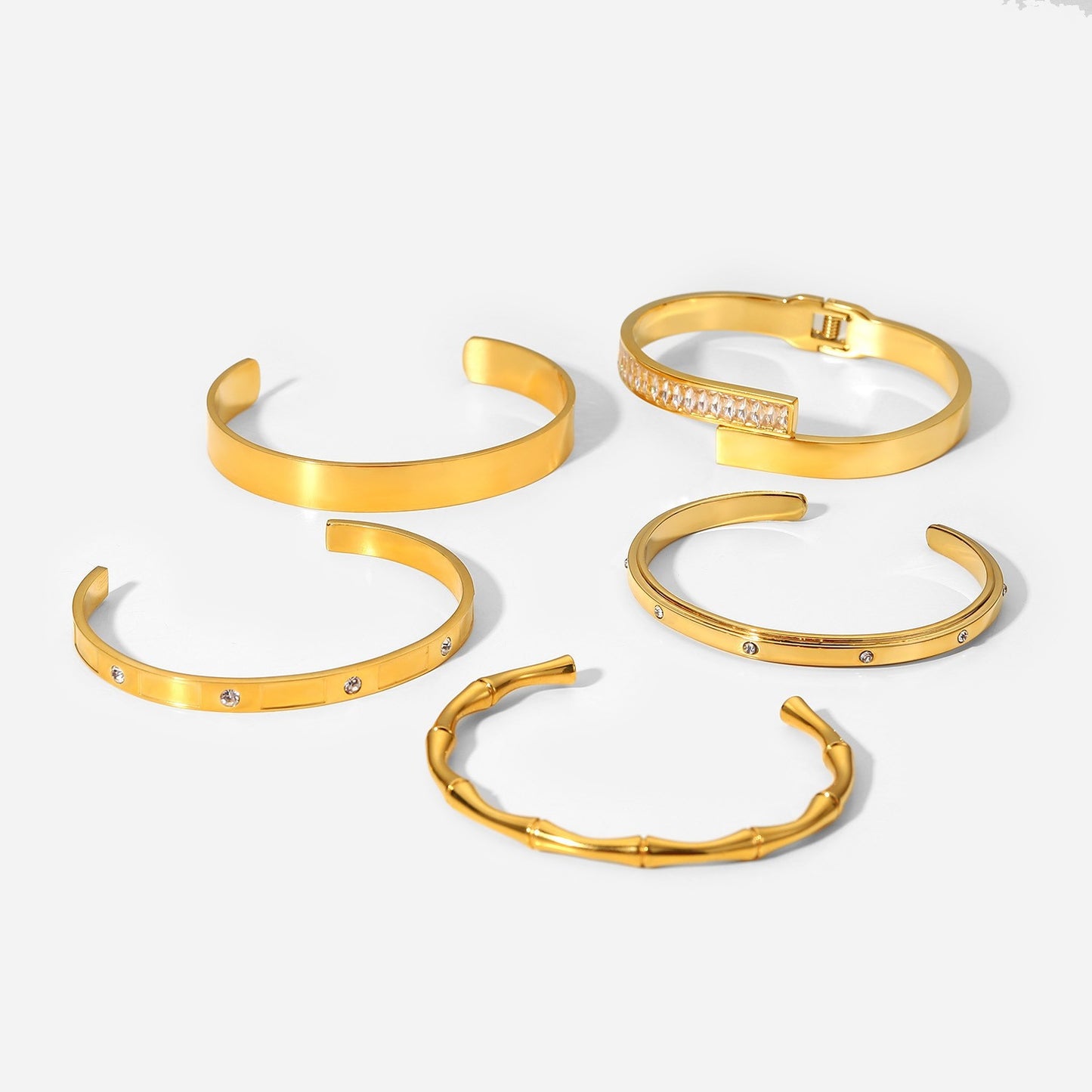 Gold Plated Stainless Steel Round Geometric Women's Bracelet with Cubic Zirconia