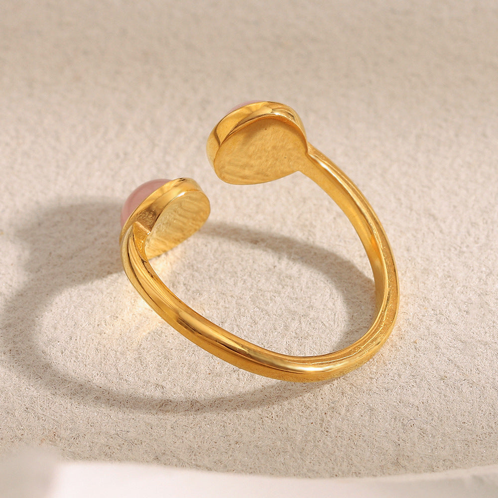 Elegant Vintage French-Style Geometric Stainless Steel Plated 18K Gold Open Ring for Women with Green Agate