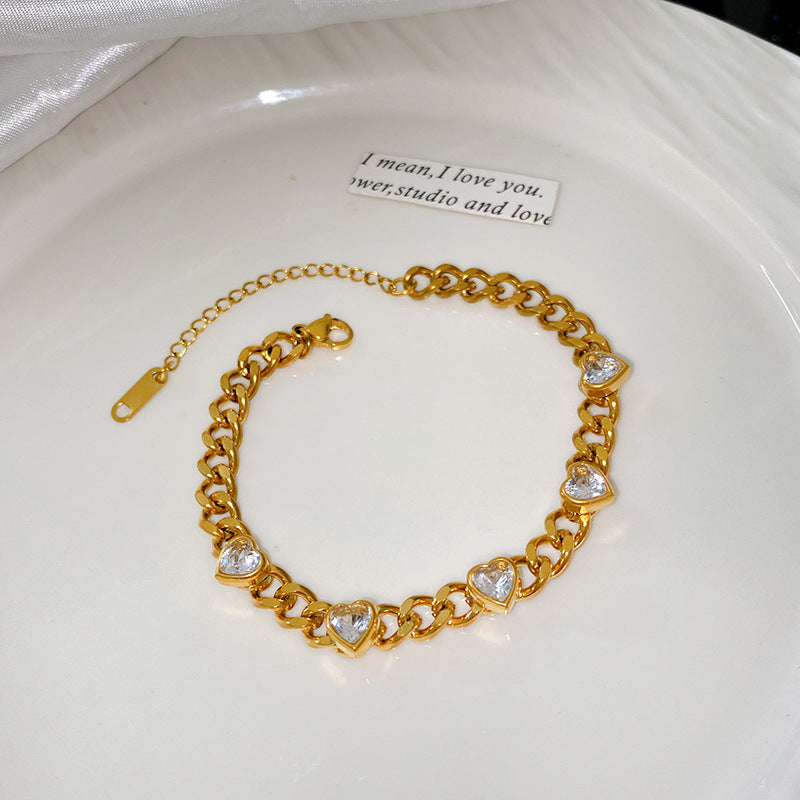 Elegant Stainless Steel Bracelet with Heart and Floral Geometric Design Cubic Zirconia Inlay Plated Finish