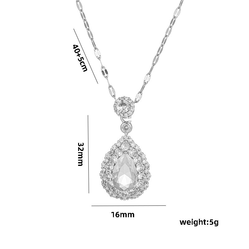 Elegante collar con colgante de circonita en forma de lágrima en acero de titanio con incrustaciones de pedrería para mujer