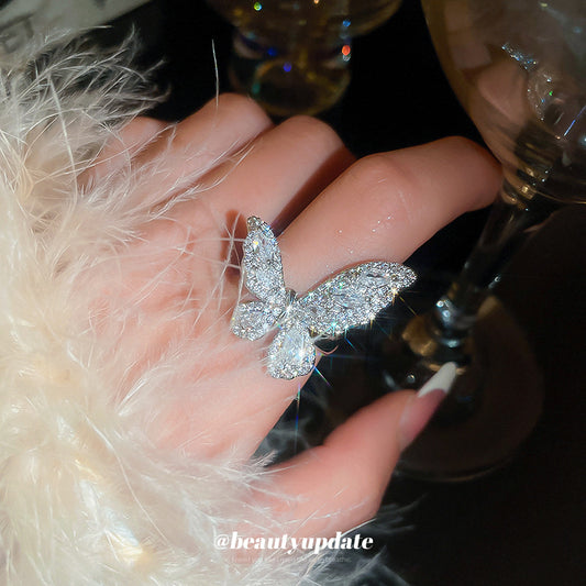 Anillo Abierto con Forma de Mariposa en Cobre con Incrustaciones de Zirconia para Mujer, Anillo Minimalista Estético Forestal para Dedo