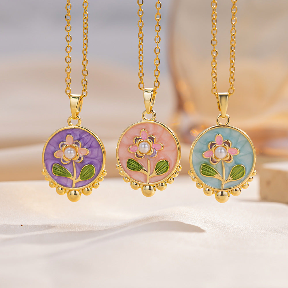 Fashionable Floral Enamel Copper Pendant Necklace for Women with Geometric Shape Titanium Steel Chain and O-Chain Style