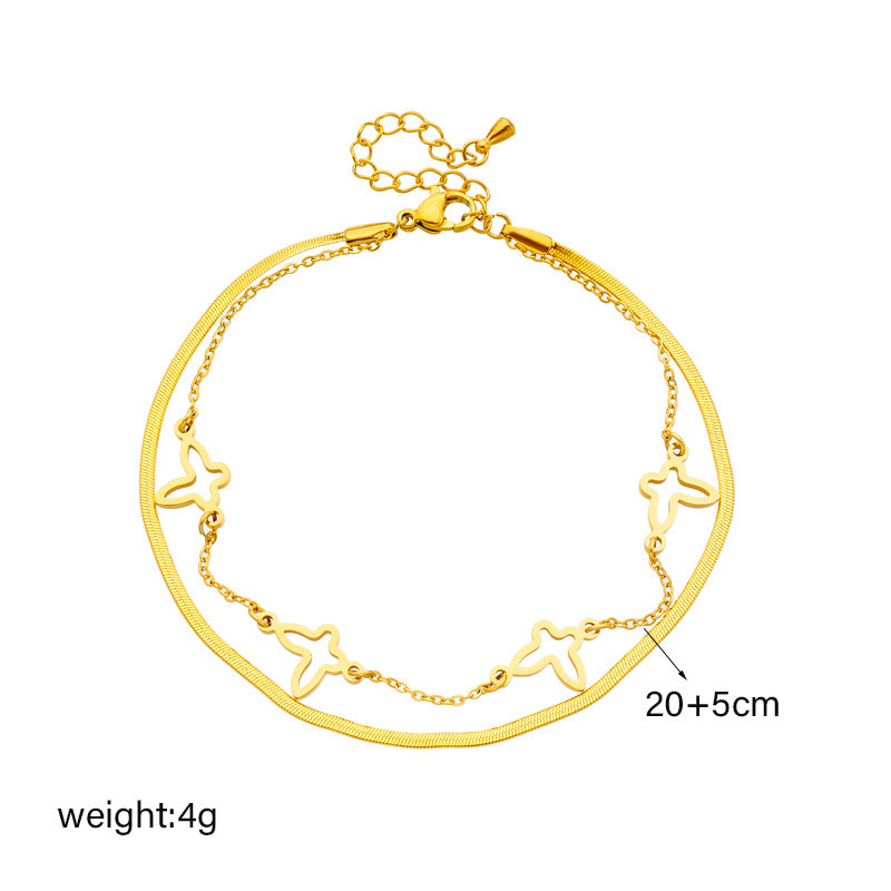 Fashion Minimalist Butterfly-Shaped Hollow Titanium Steel Anklet for Women with Irregular Layered Chain Design