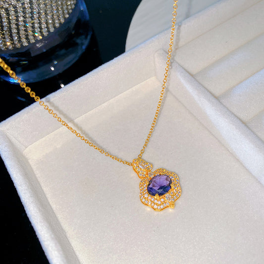 Sweet Sporty Purple Cubic Zirconia Heart Fruit Pendant Titanium Steel Necklace Cable Chain