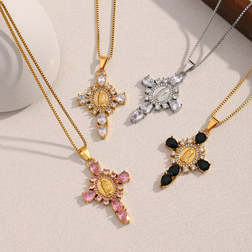 Fashionable Cross Pendant Necklace for Women in Stainless Steel with 18K Gold Plating and Rhinestone Inlay