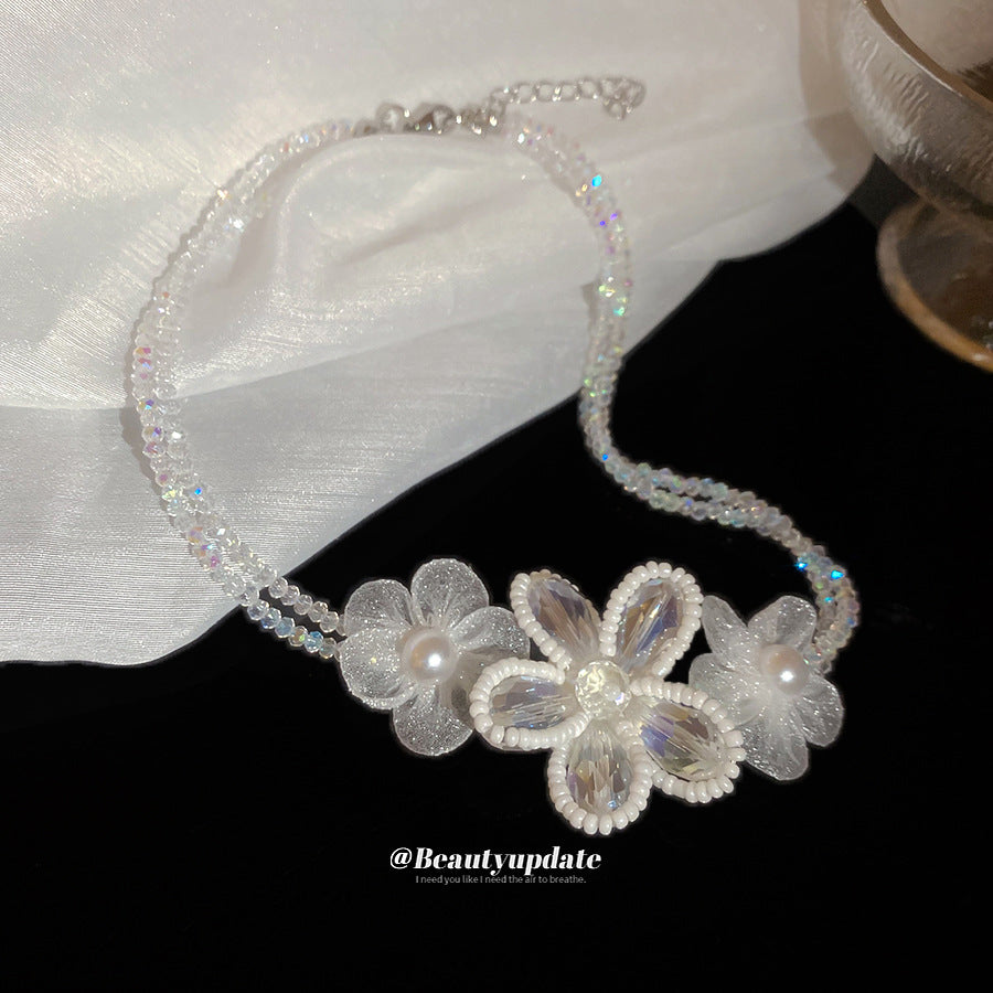 Elegante Collana Floreale da Donna in Acciaio Inossidabile con Perline di Cristallo e Finitura Placcata, Delicata Catena alla Clavicola