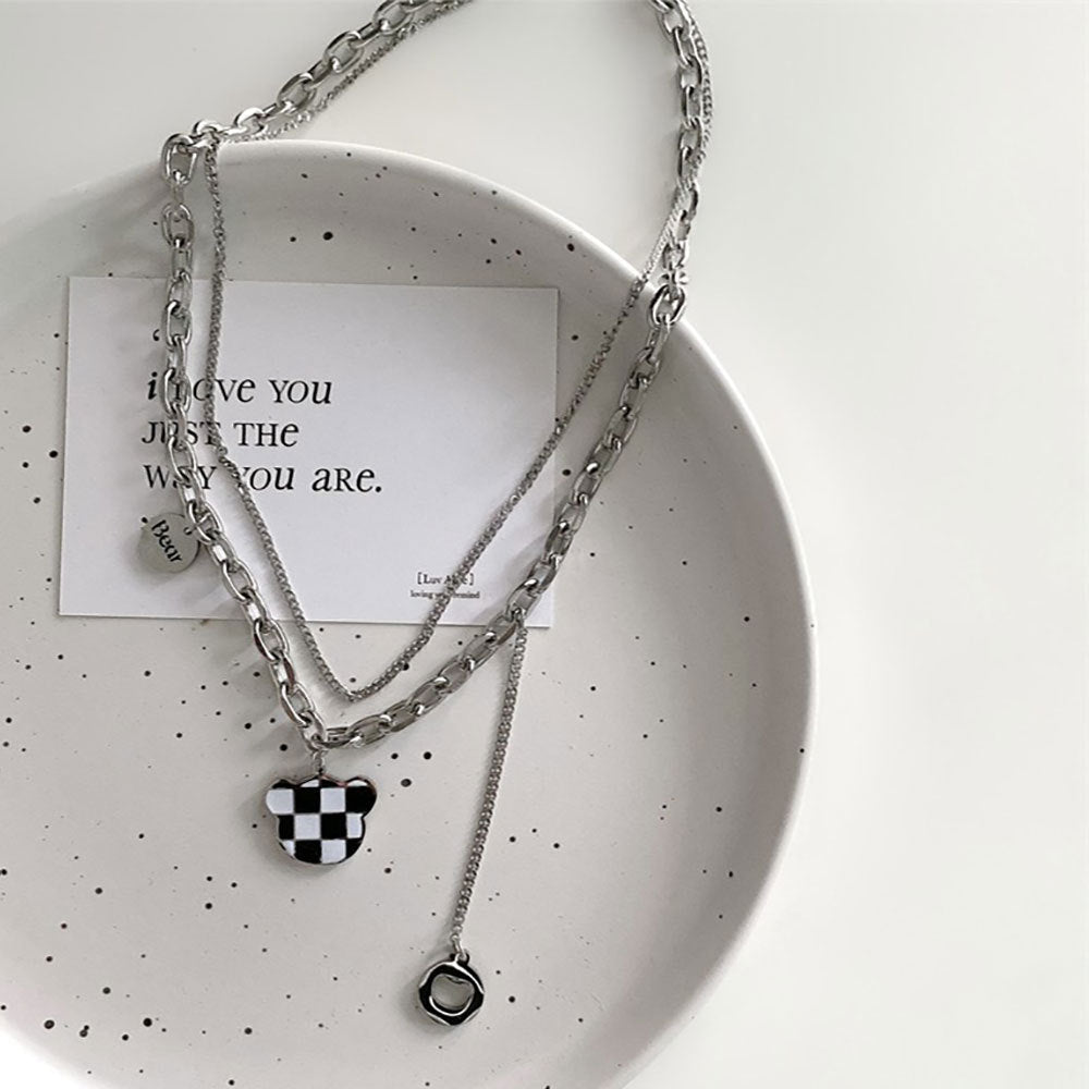 Minimalist Checkerboard Pattern Titanium Steel Double Layer Necklace for Women and Men with Enamel Finish