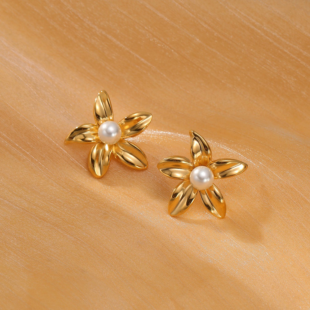 Minimalist Pearl Flower Stainless Steel Earrings with Plated Finish for Women