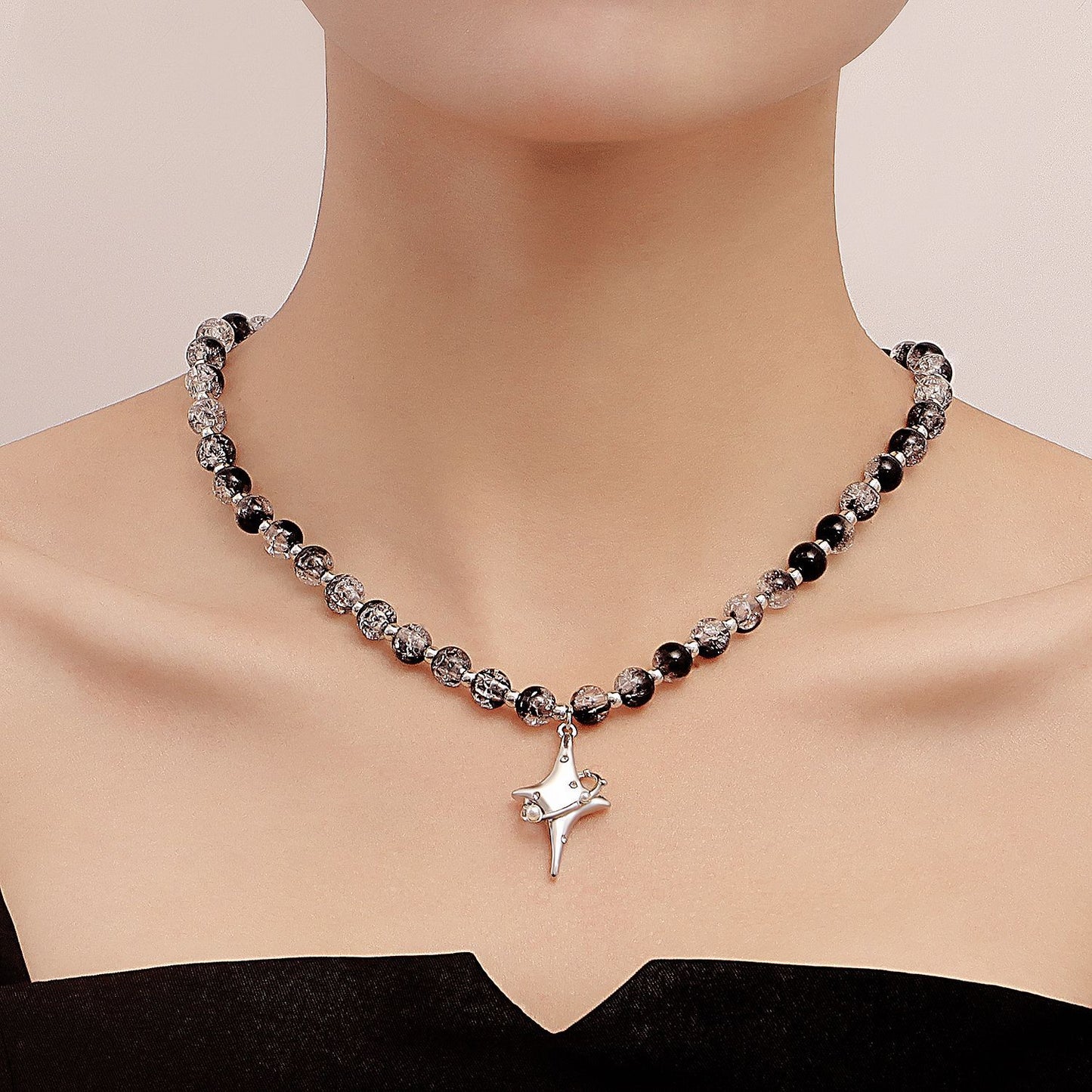 Vintage-Style Geometric Black and White Beaded Cross Star Pendant Necklace for Women with Alloy Base and Plated Finish