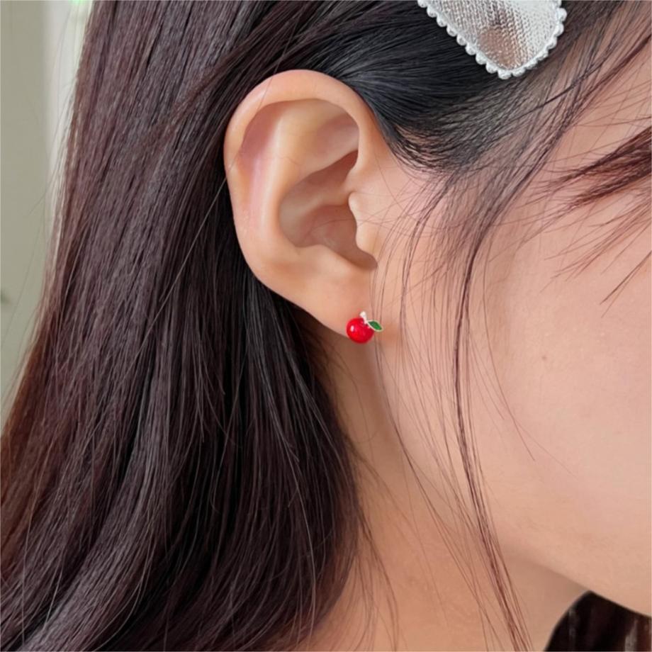 Minimalist Red Apple Stud Earrings for Women in 925 Sterling Silver with Enamel Finish and Geometric Shape