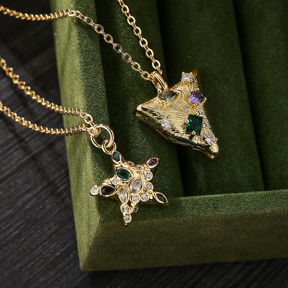 Geometric Star Pendant Necklace for Women in Copper with 18K Gold Plating and Zircon Inlay