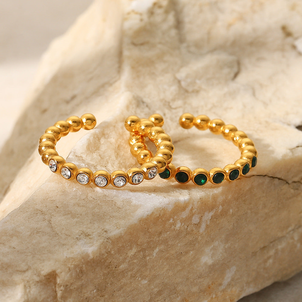 Anillo de Acero Inoxidable Estilo INS Geométrico con Chapado en Oro de 18K y Detalles de Zirconia Blanca o Verde para Mujer