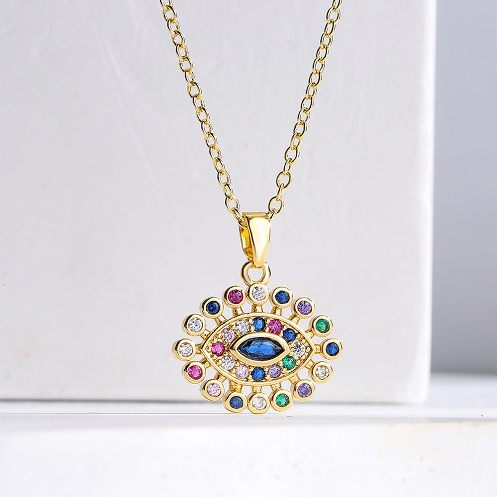 Minimalist Geometric Evil Eye Pendant Necklace for Women in Brass with Gold Plating and Multicolor Zircon Inlay