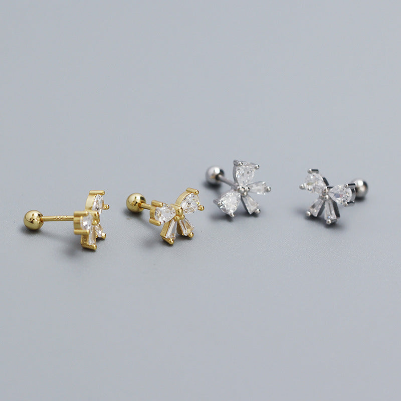 Sweet 925 Sterling Silver Plated Bow Stud Earrings with Cubic Zirconia