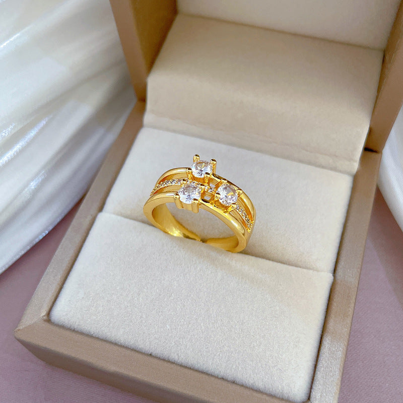 Luxury Minimalist Adjustable Three-Tier Ring with Full Rhinestone Inlay Crown Design for Women Daily Wear and Couple Matching