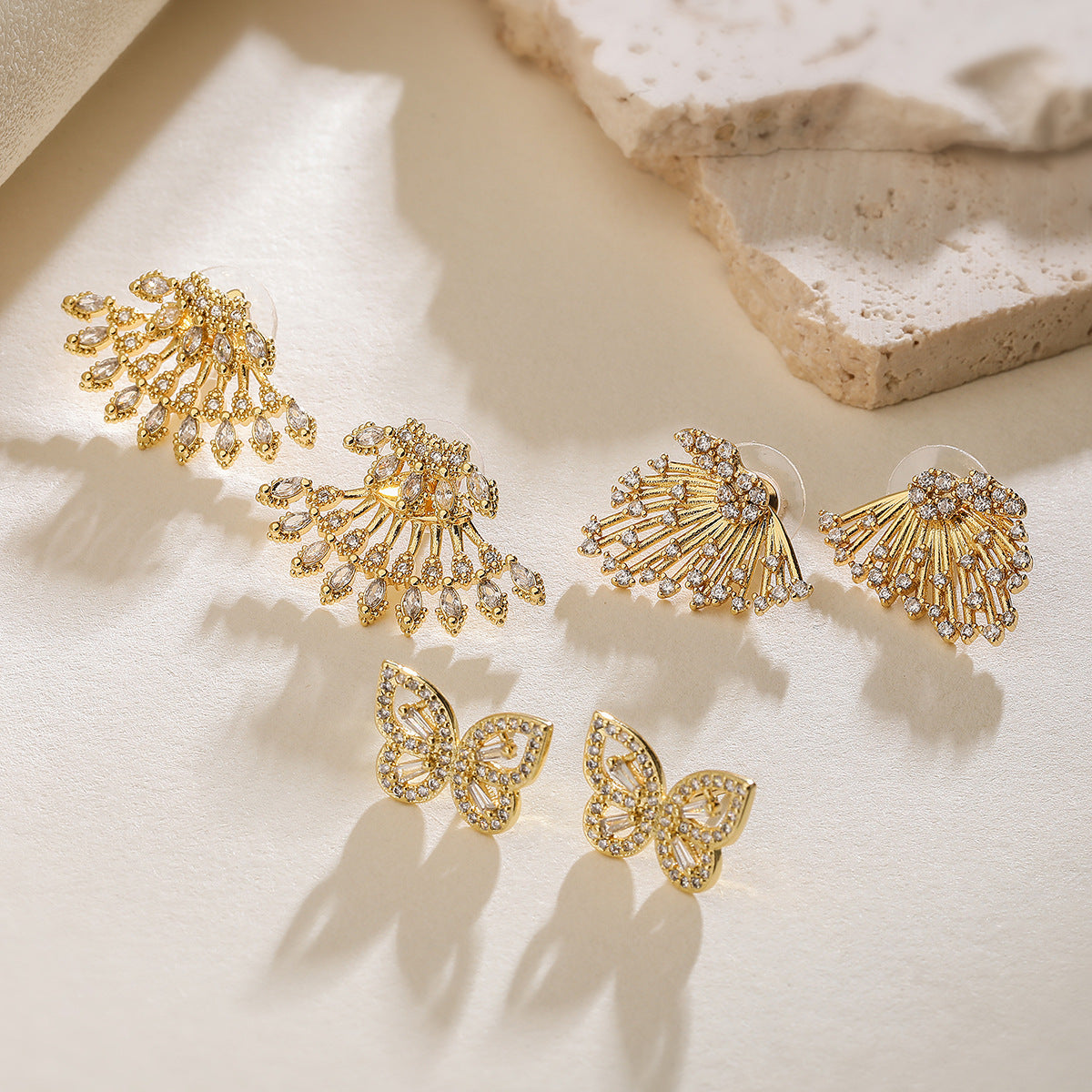 Fashionable Geometric Butterfly Stud Earrings for Women in Copper with 18K Gold Plating and Zircon Inlay