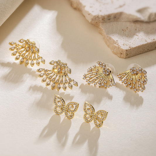 Fashionable Geometric Butterfly Stud Earrings for Women in Copper with 18K Gold Plating and Zircon Inlay