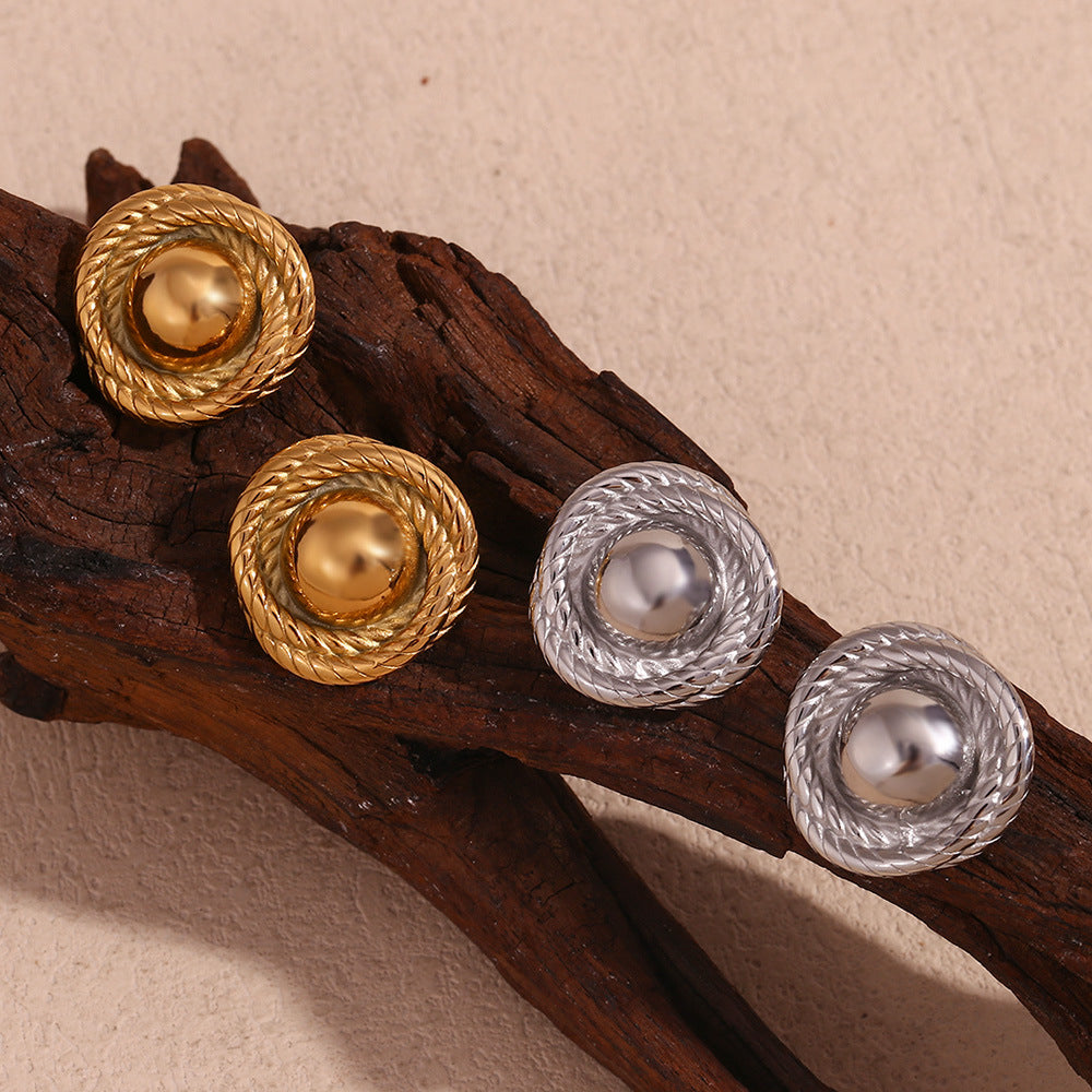 Orecchini a perno geometrici vintage alla moda in acciaio inossidabile con placcatura in oro 18 carati e design a bottone circolare testurizzato