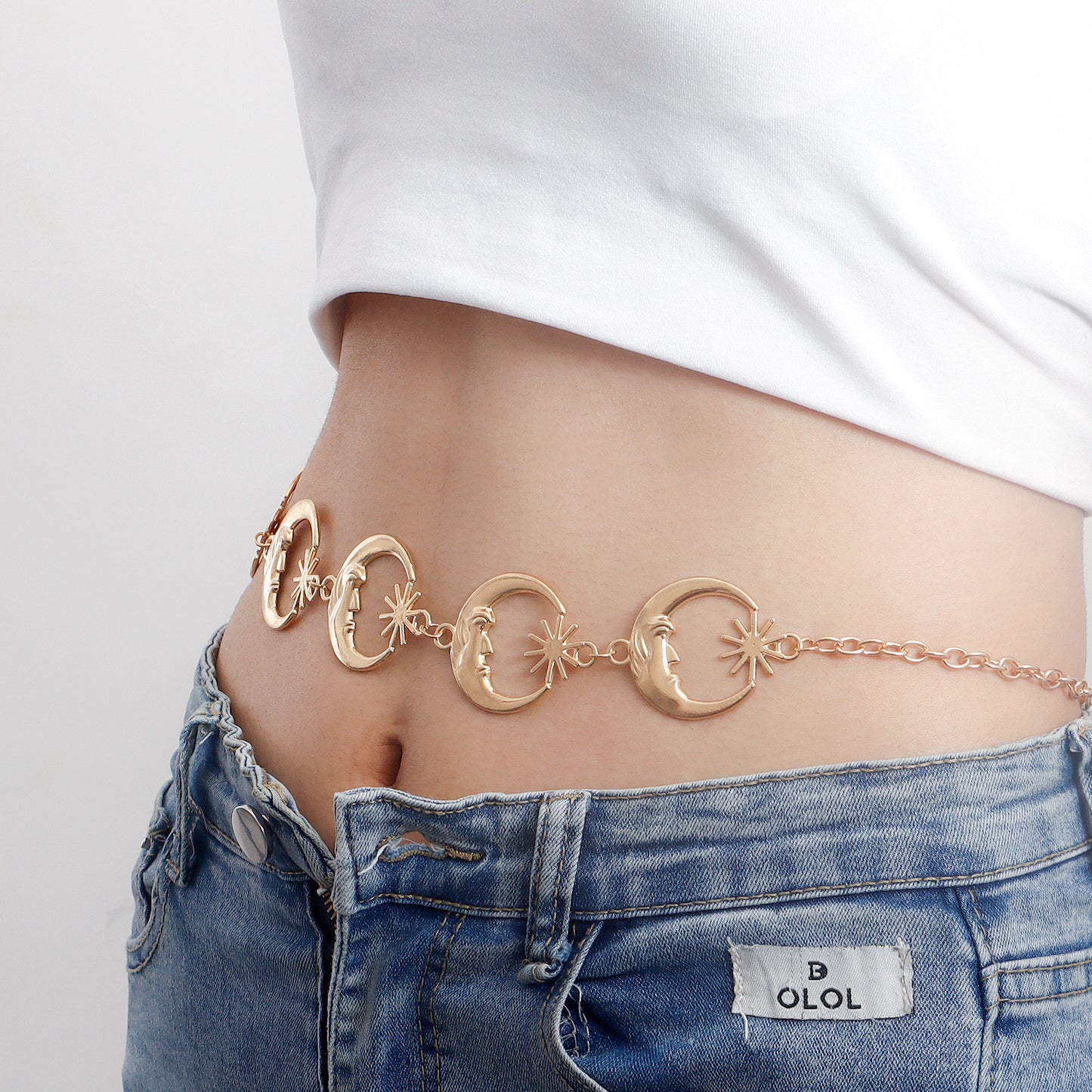 Punk Style Crescent Moon Waist Chain for Women Made of Metal with Adjustable Single Loop Design