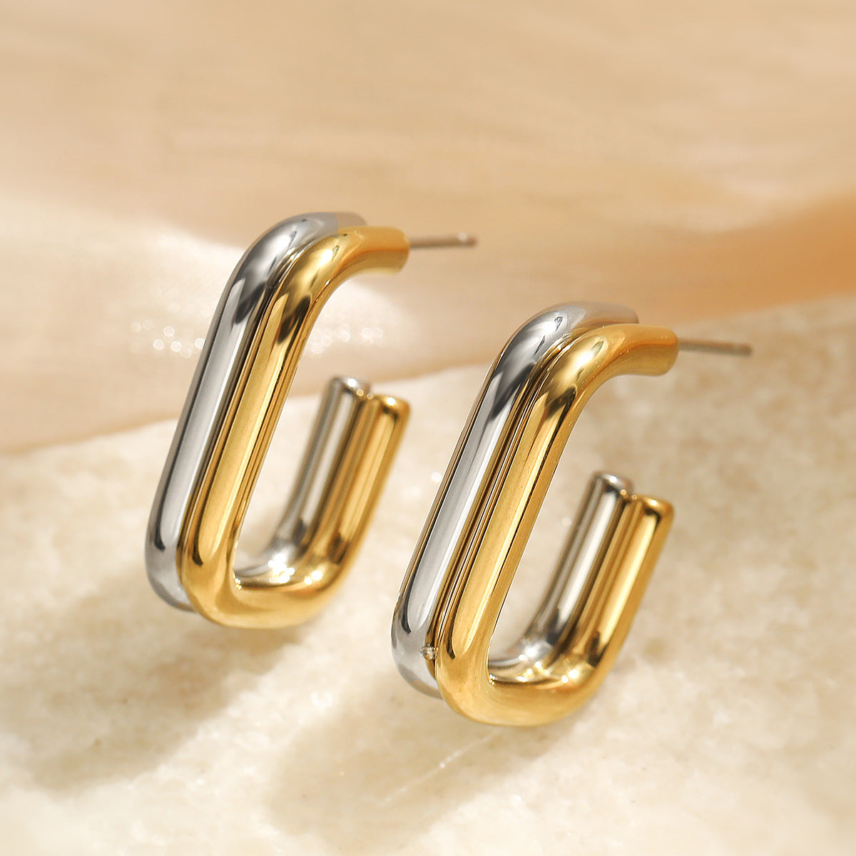 Minimalist Geometric Stainless Steel Earrings for Women with Dual-Tone Plated Finish Irregular Shape Fashionable Everyday Jewelry