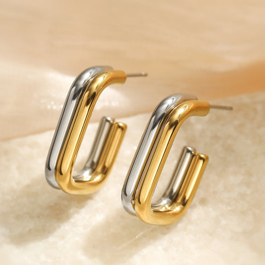 Minimalist Geometric Stainless Steel Earrings for Women with Dual-Tone Plated Finish Irregular Shape Fashionable Everyday Jewelry