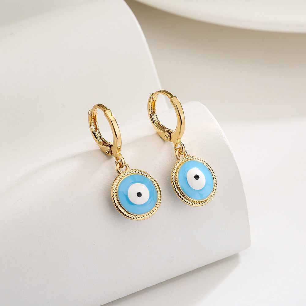Casual Geometric Eye-Shaped Earrings for Women in Copper with Real Gold Plating and Zircon Inlay Enamel Finish