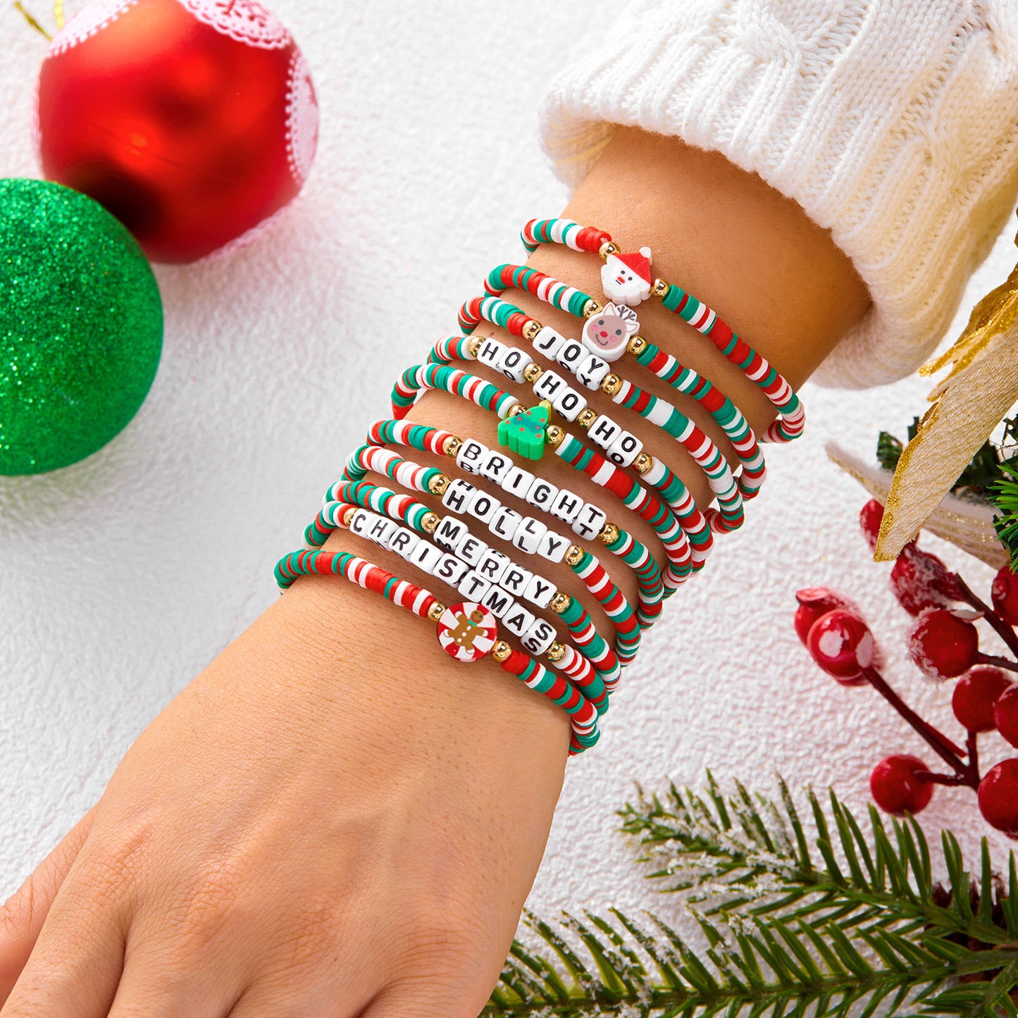 Handmade Polymer Clay Christmas Bracelet Set with Reindeer and Santa Pendant Alloy Chain for Women