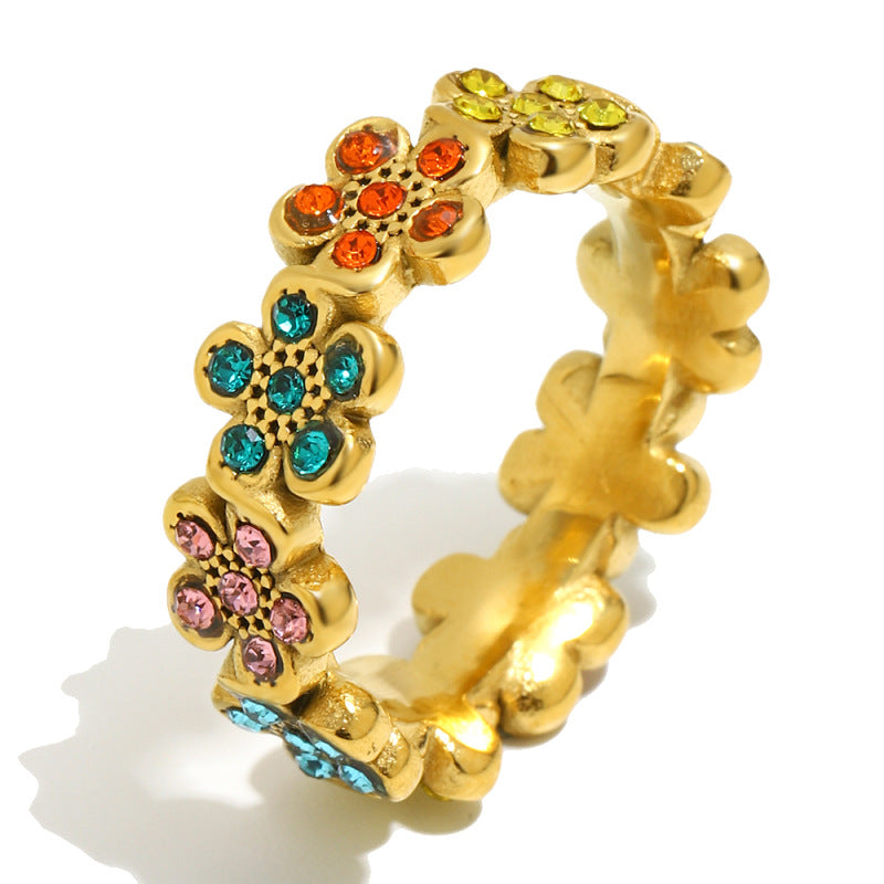 Anello in acciaio inossidabile placcato oro con strass floreali a goccia, geometrico, lussuoso ed elegante