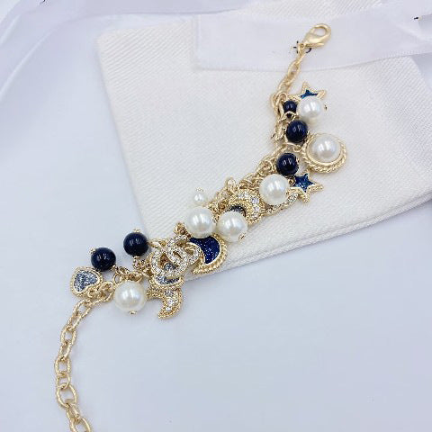 Luxury Elegant Gold Plated Brass Double C Letter Enamel Pearl Bracelet for Women