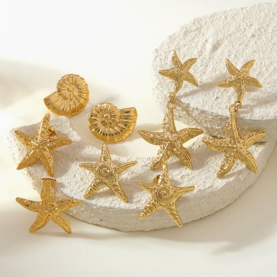 Casual Beach Style Irregular Starfish and Conch Stainless Steel Earrings for Women