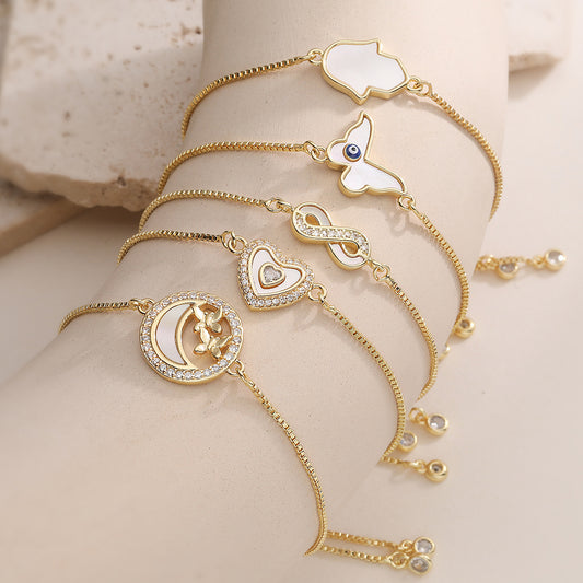 Fashion Light Luxury 18K Gold Plated Brass Heart Butterfly Bracelet with Micro-inlaid Cubic Zirconia and Shell for Women