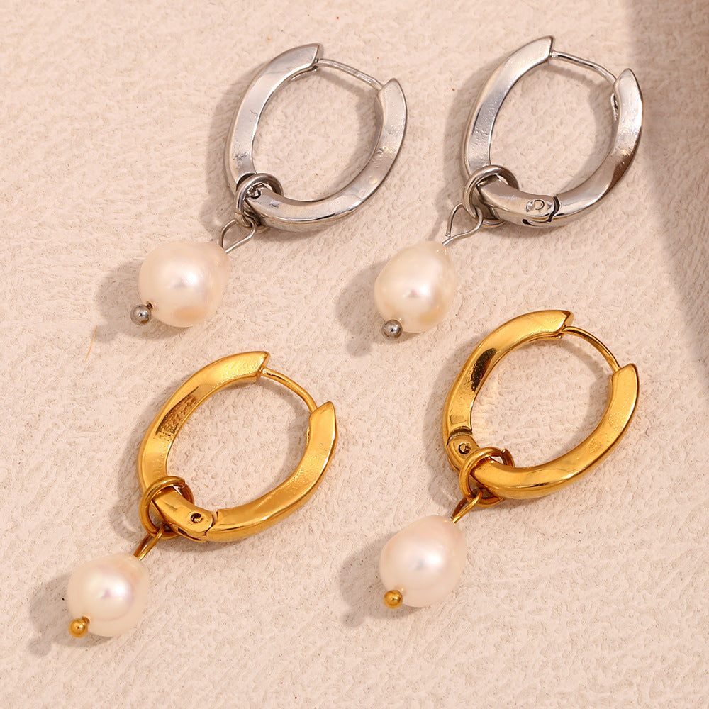 Minimalist Geometric Stainless Steel Ear Hooks with 18K Gold Plating and Irregular U-Shaped Pearl Accents for Women
