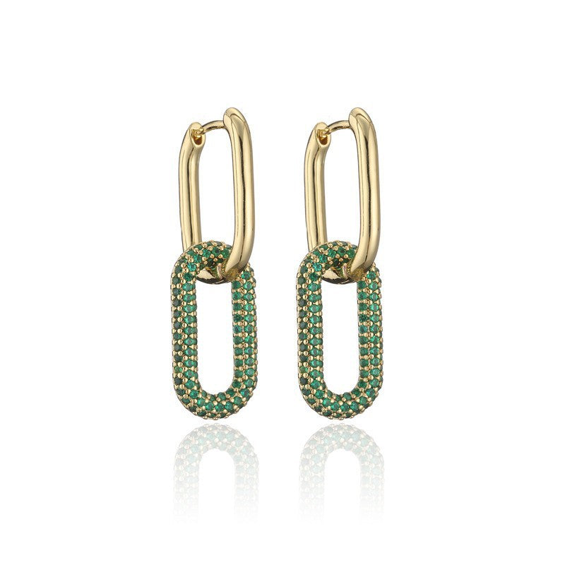 Hip-hop Elegant Geometric Gold Plated Brass Earrings with Colorful Cubic Zirconia Inlay Double Ring Buckle