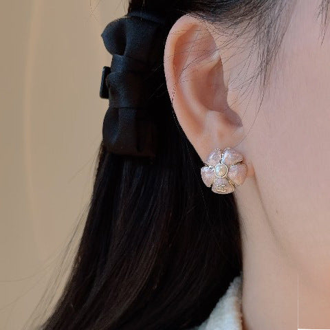 Vintage Elegant Gold Plated Brass Enamel Camellia Flower Earrings with 925 Sterling Silver Posts