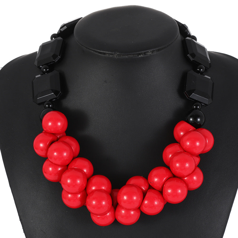 Bohemian Vintage Multi-Layer Beaded Necklace with Geometric Pendant in Resin on O-Chain for Women