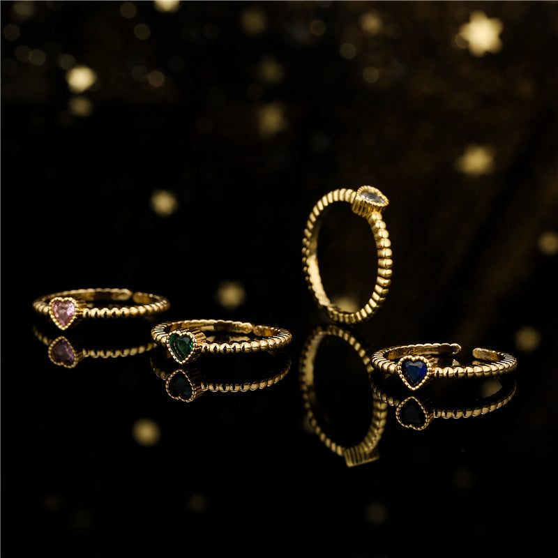Minimalist Geometric Heart-Shaped Zirconia Ring for Women with Copper Base and 18K Gold Plating
