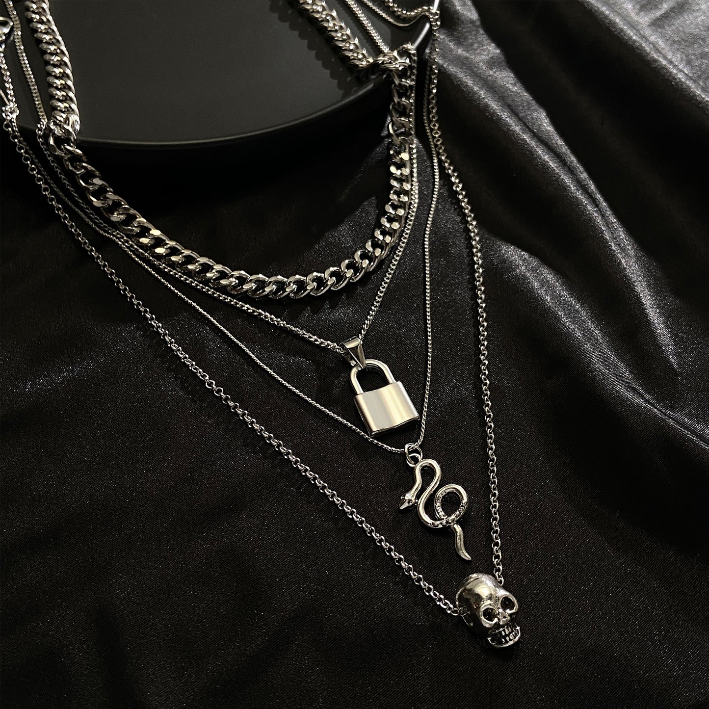 Vintage Creative Skull Pendant Necklace with Multi-Layer Thick Snake Chain in Alloy with Plating Finish for Women