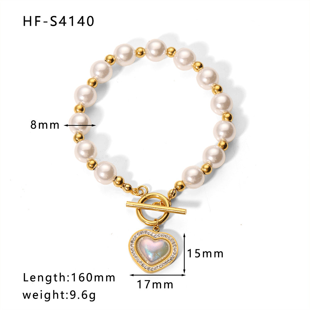 Minimalist Heart-Shaped Pearl Pendant Bracelet for Women with Titanium Steel Chain and Zircon Inlay