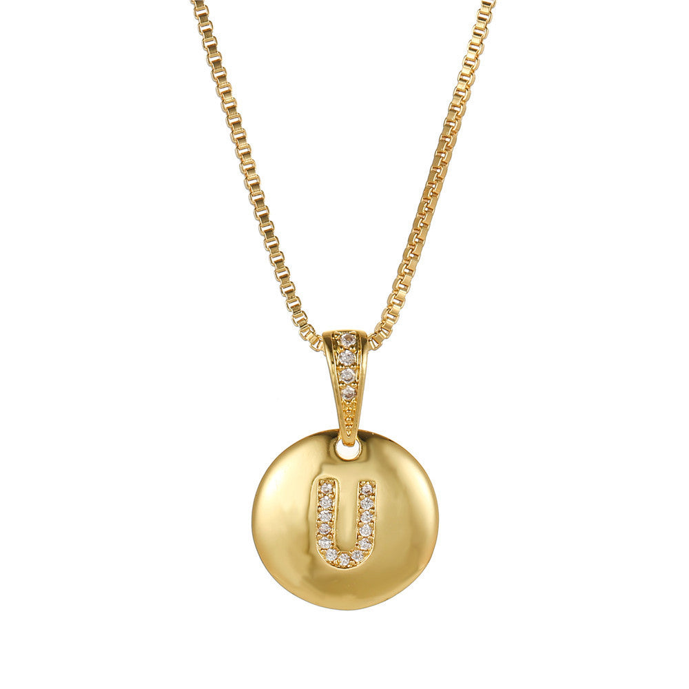 Vintage Sweet Geometric Letter Brass Inlay Cubic Zirconia Necklace Box Chain for Women