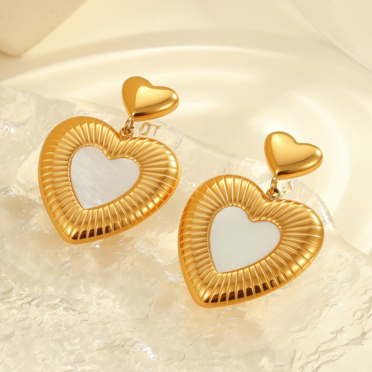 Minimalist Heart-Shaped Stainless Steel Earrings with White Mother-of-Pearl Inlay, Plated Finish, Elegant Women's Luxury Ear Jewelry